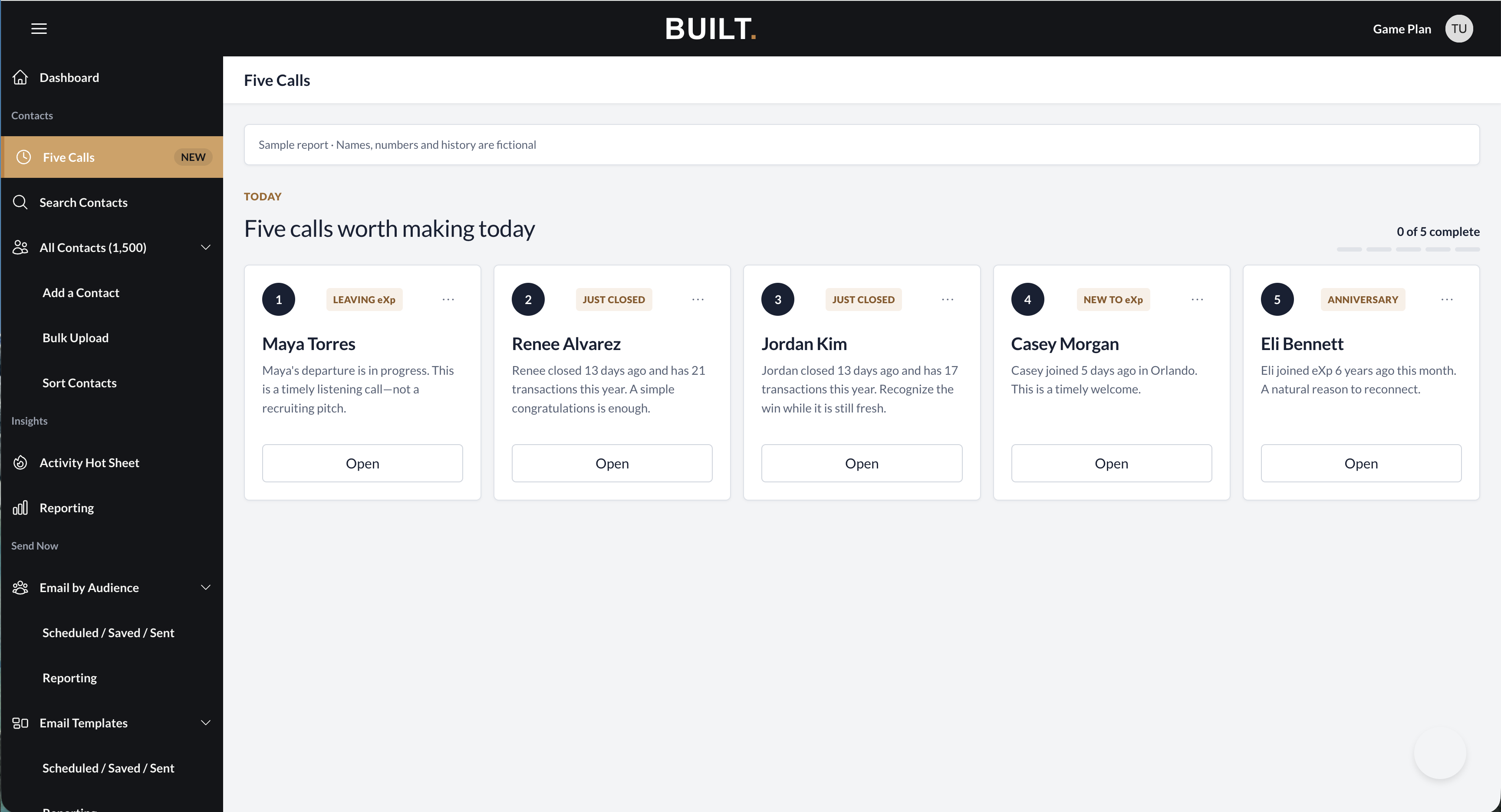 BUILT Five Calls screen showing five contacts worth calling today